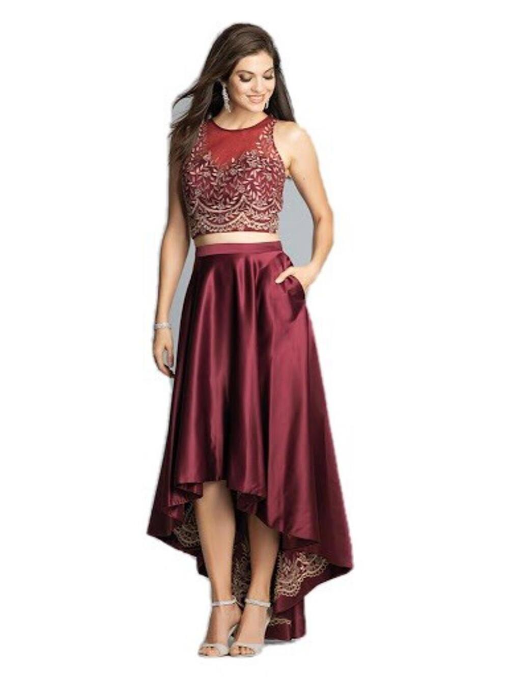 Dave Johnny Two Piece Burgundy High Low Gold Gown Prom Embroidered Gala SZ 1/2